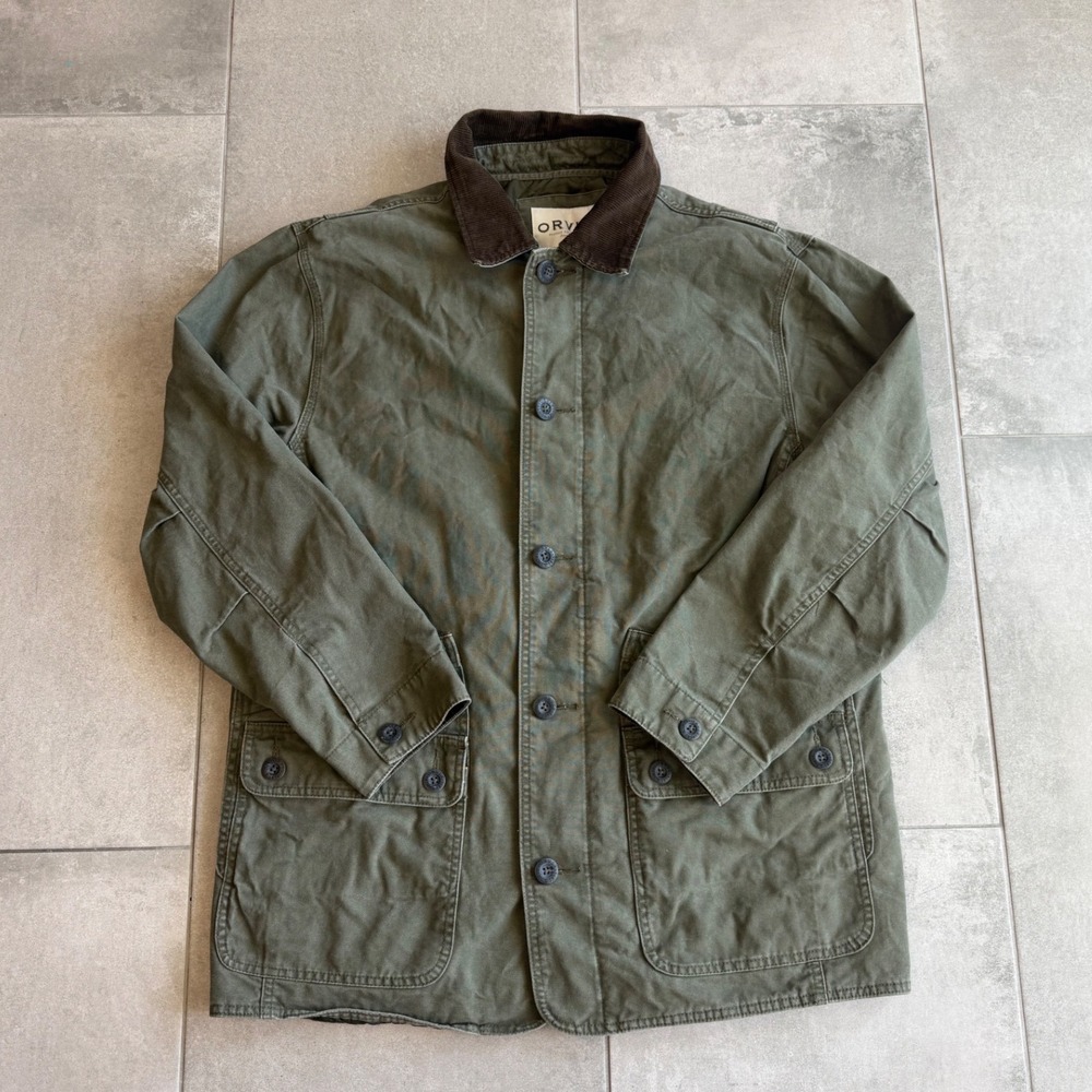 Orvis Classic Collection Men Olive Green Canvas Barn Coat Corduroy Collar Size M